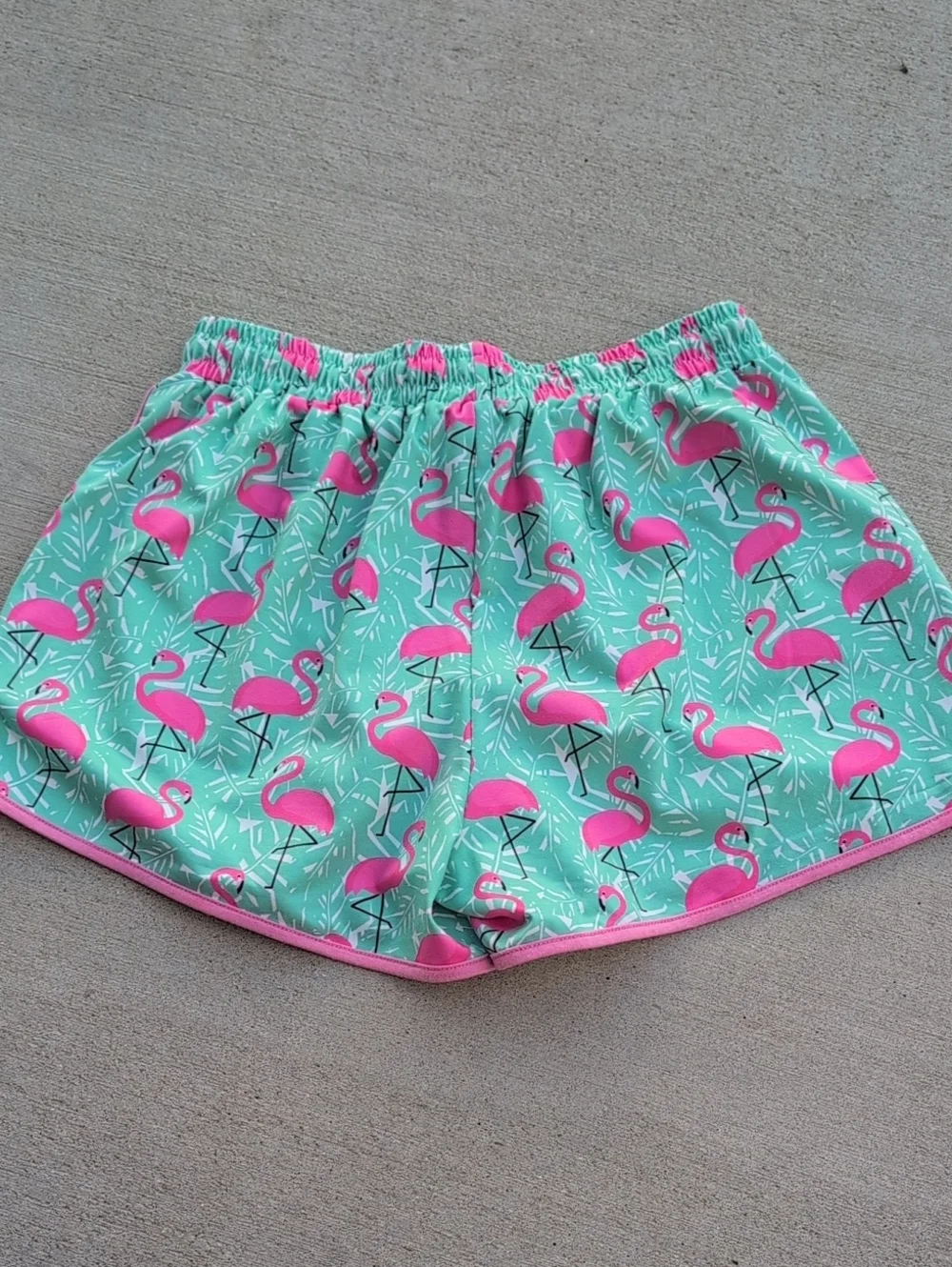 Jess Lea Large Flamingo Print Shorts Teal Pink Drawstring Elastic Waist Beach 3